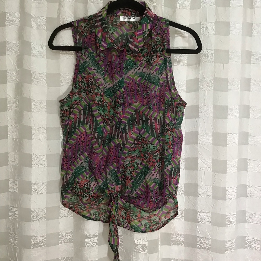 CHAMS Abstract Print Sleeveless Blouse With Front Center Tie, Size L
